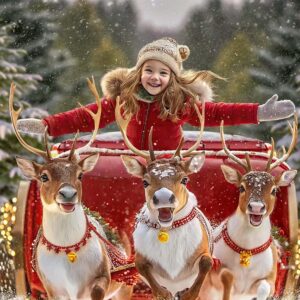 Christmas Digital Background with Reindeer Sleigh Overlay,  Winter Wonderland Photo Backdrop , Holiday Composite Overlay