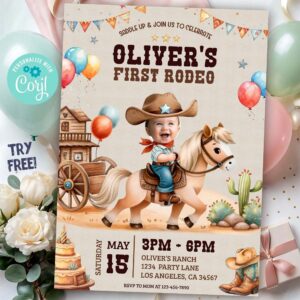 First Rodeo Invitation – Cowboy 1st Birthday Party Template – Wild West Invite for Boys