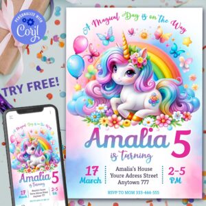 Dreamy Pastel Unicorn Invitation with Sparkling Details for Girls