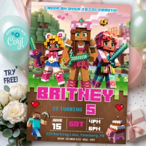 Minecraft Birthday Invitation for Girls, African American Editable Pink Gamer Party Download, African American Minecraft Girl Invitation